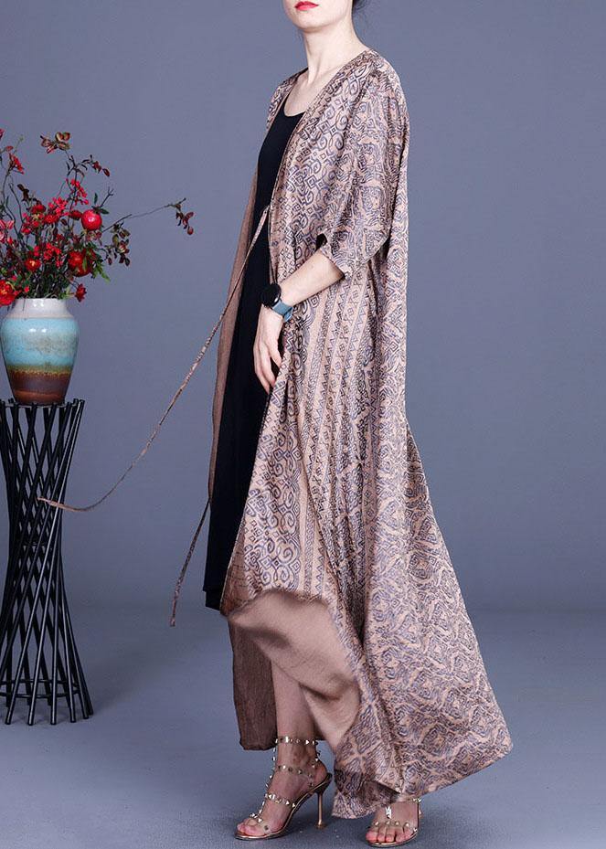 DIY Green Print side open silk Loose Long Cardigans - SooLinen