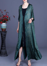 DIY Green Print side open silk Loose Long Cardigans - SooLinen