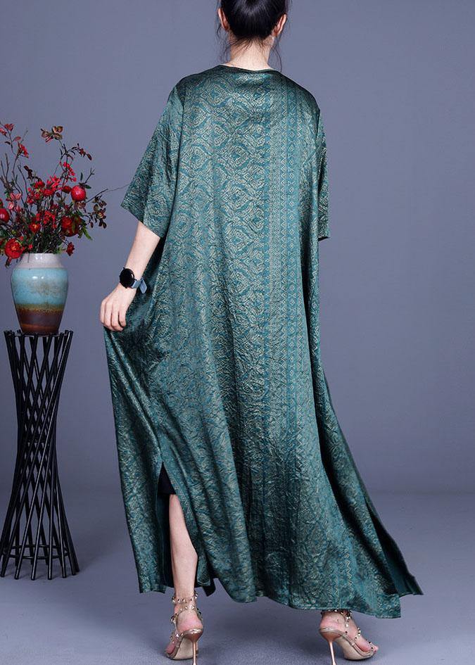 DIY Green Print side open silk Loose Long Cardigans - SooLinen