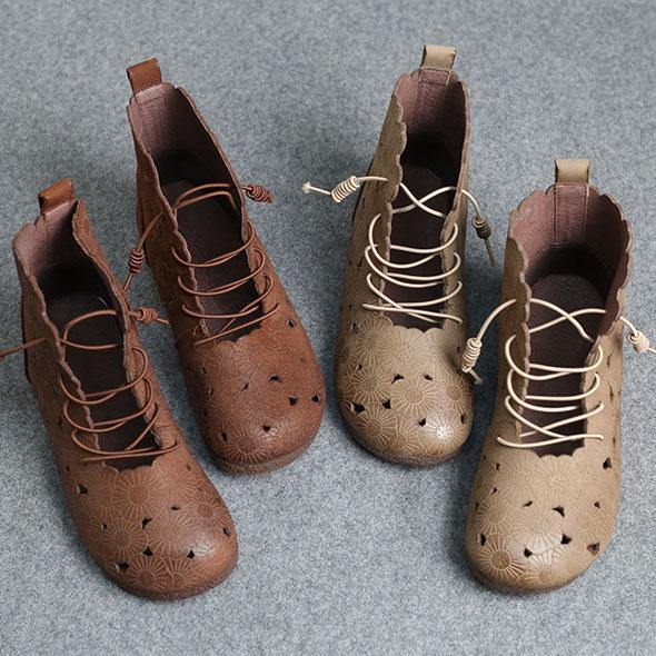 DIY Grey Embossed Hollow Out Boots Lace Up Boots - SooLinen