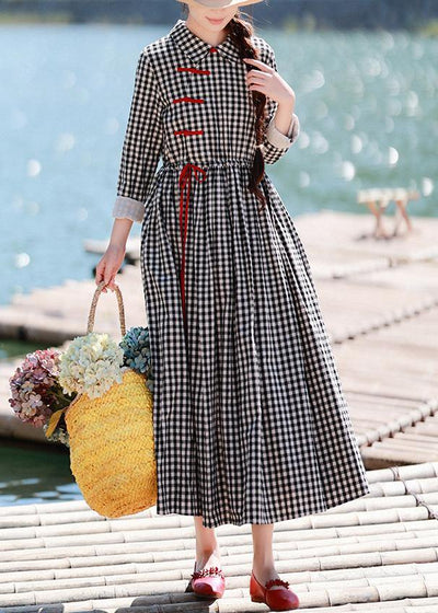 DIY Lapel Drawstring Spring Clothes Women Photography Black Plaid Dresses - SooLinen