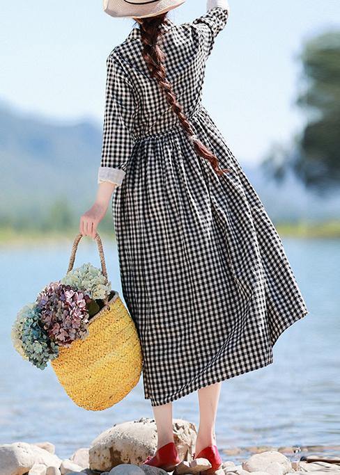 DIY Lapel Drawstring Spring Clothes Women Photography Black Plaid Dresses - SooLinen