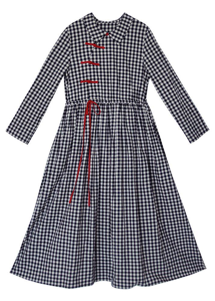 DIY Lapel Drawstring Spring Clothes Women Photography Black Plaid Dresses - SooLinen