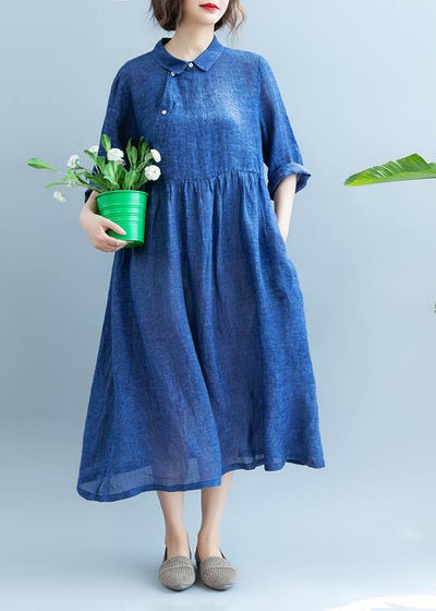 DIY Lapel cotton Summer Clothes For Women Fabrics Blue Dress - SooLinen