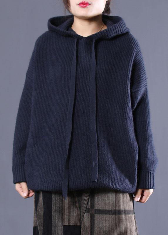 DIY Navy Hooded Loose Fall Knitted Top - SooLinen