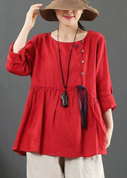 DIY O Neck Cinched Spring Shirts Women Sewing Red Top - SooLinen