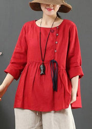 DIY O Neck Cinched Spring Shirts Women Sewing Red Top - SooLinen