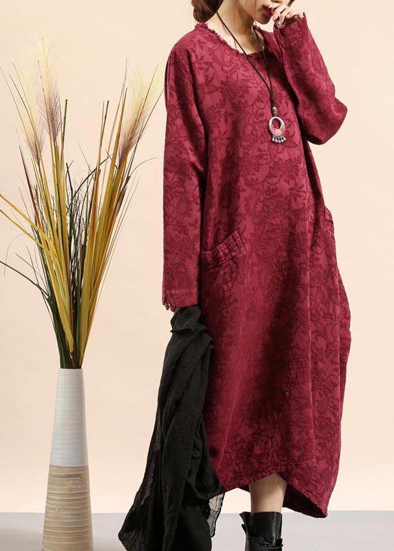 DIY O Neck Pocket Spring Quilting Dresses Fabrics Burgundy Jacquard Robe Dress - SooLinen