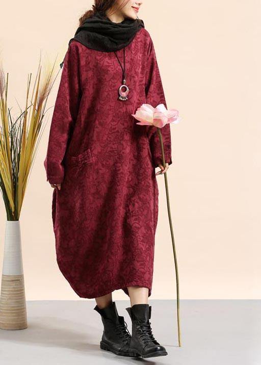 DIY O Neck Pocket Spring Quilting Dresses Fabrics Burgundy Jacquard Robe Dress - SooLinen