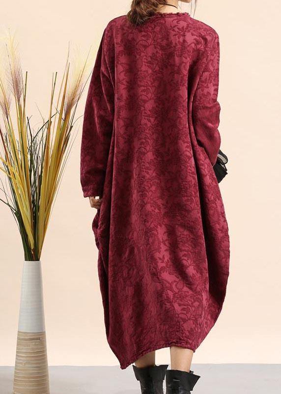 DIY O Neck Pocket Spring Quilting Dresses Fabrics Burgundy Jacquard Robe Dress - SooLinen