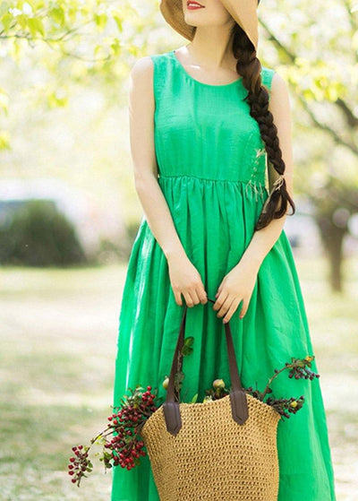 DIY O Neck Sleeveless Summer Wardrobes Work Green Long Dresses - SooLinen