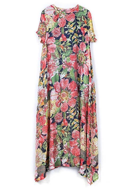 DIY O Neck large hem Summer Tunics Tunic Navy Print Loose Dress - SooLinen