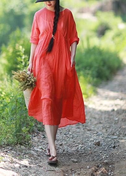 DIY Orange Red Clothes O Neck Cinched Robes Summer Dress - SooLinen