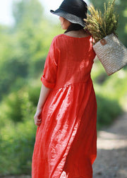 DIY Orange Red Clothes O Neck Cinched Robes Summer Dress - SooLinen