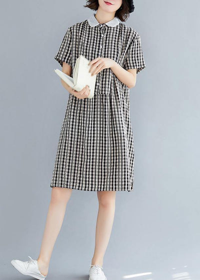 DIY Peter pan Collar Cotton summer clothes For Women black plaid Dress - SooLinen