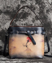 DIY Red Brown Print Paitings Calf Leather Tote Handbag