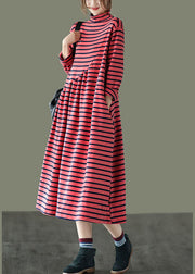 DIY Red Pockets Patchwork Striped Fall Long Dresses