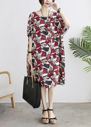 DIY Red Print Batwing Sleeve Summer Chiffon Dress - SooLinen