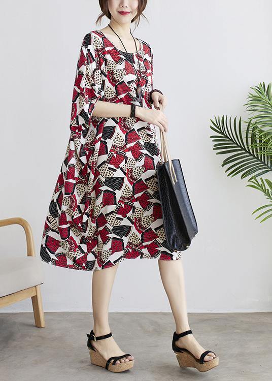 DIY Red Print Batwing Sleeve Summer Chiffon Dress - SooLinen