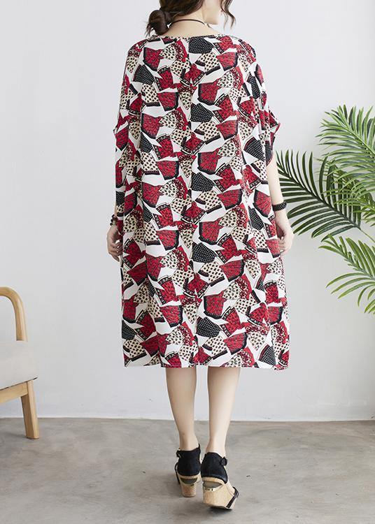 DIY Red Print Batwing Sleeve Summer Chiffon Dress - SooLinen