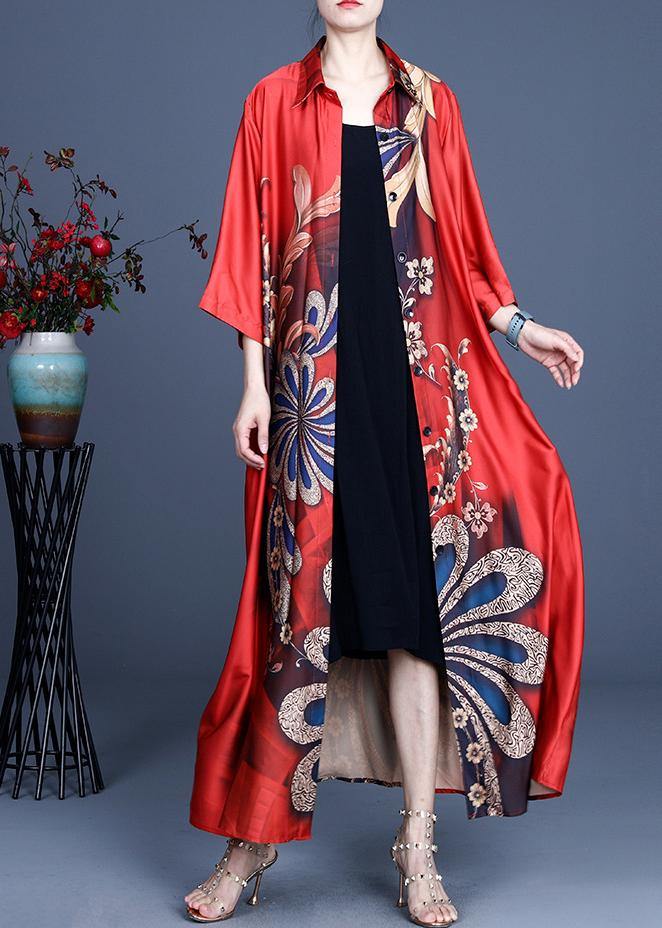 DIY Red Print Spring Loose Coat Long - SooLinen