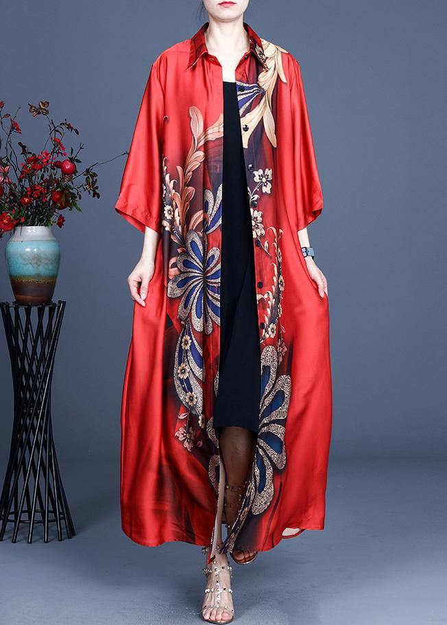 DIY Red Print Spring Loose Coat Long - SooLinen