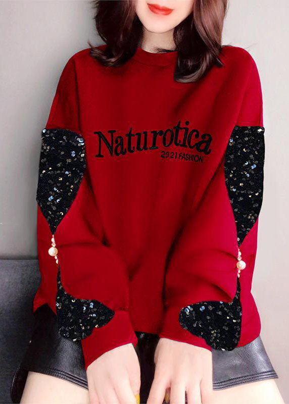 DIY Red Sequins Patchwork Sweatshirts Top Winter