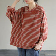 DIY Red cotton Crane tops Striped cotton Spring Sweatshirt - SooLinen