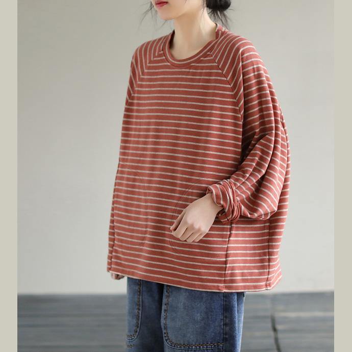 DIY Red cotton Crane tops Striped cotton Spring Sweatshirt - SooLinen