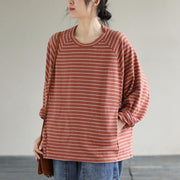 DIY Red cotton Crane tops Striped cotton Spring Sweatshirt - SooLinen