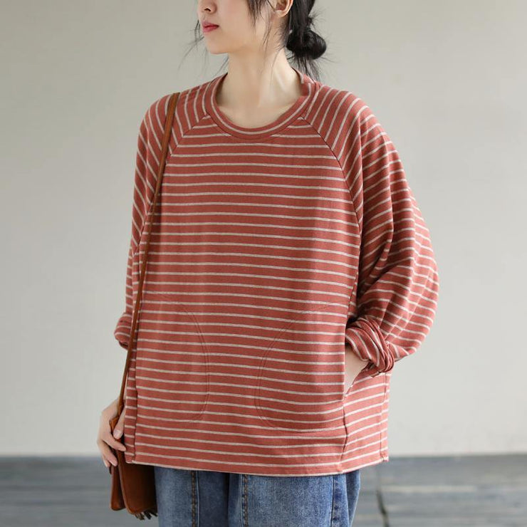 DIY Red cotton Crane tops Striped cotton Spring Sweatshirt - SooLinen