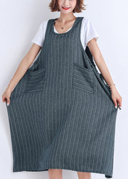 DIY Sleeveless pockets Cotton clothes Women Korea Wardrobes striped Dress Summer