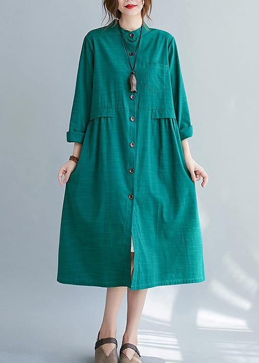 DIY Stand Collar Button Down Spring Quilting Clothes Shirts Green Plus Size Dresses - SooLinen