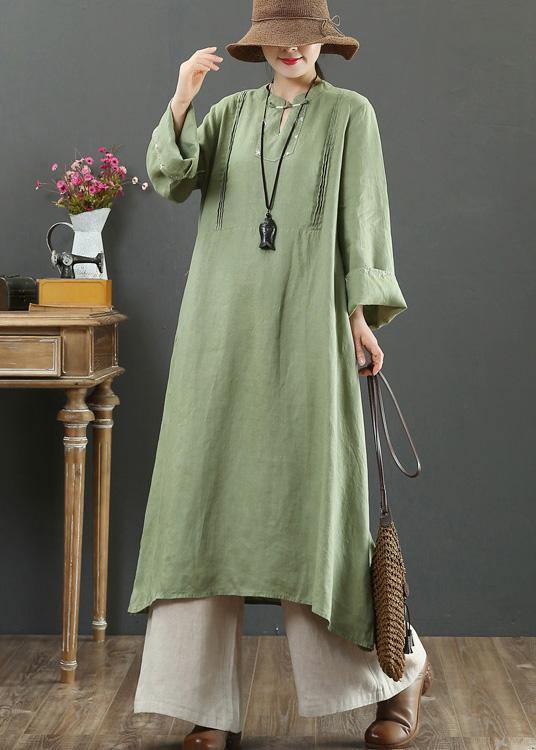 DIY Stand Collar Pockets Spring Tunic Shirts Green A Line Dress - SooLinen