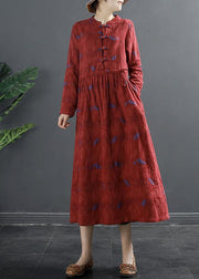 DIY Stand Collar Quilting Dresses Pattern Red Print Long Dress - SooLinen