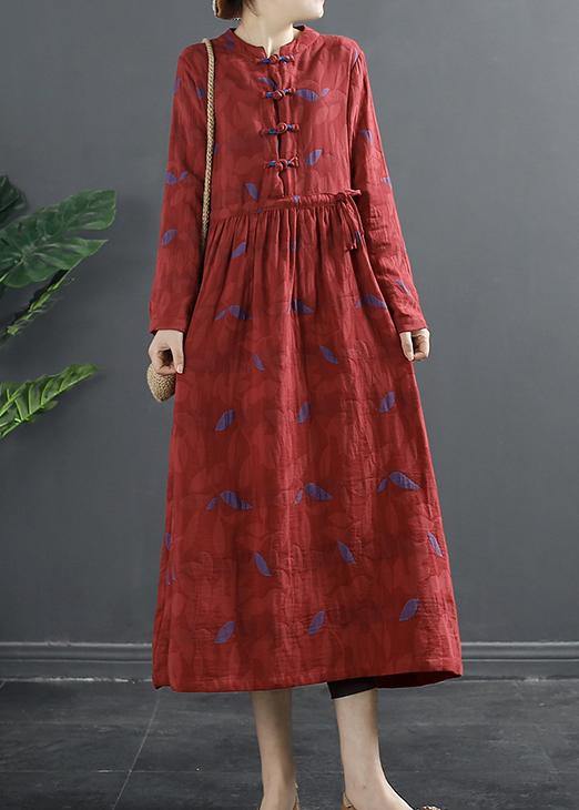 DIY Stand Collar Quilting Dresses Pattern Red Print Long Dress - SooLinen