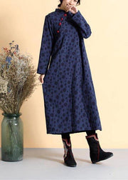 DIY Stand Collar Spring Quilting Dresses Work Outfits Navy Dotted Dress - SooLinen