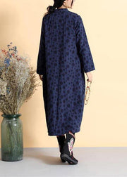 DIY Stand Collar Spring Quilting Dresses Work Outfits Navy Dotted Dress - SooLinen