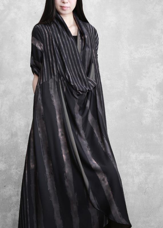 DIY V Neck Asymmetric Tunics Black Striped Robes Dress - SooLinen