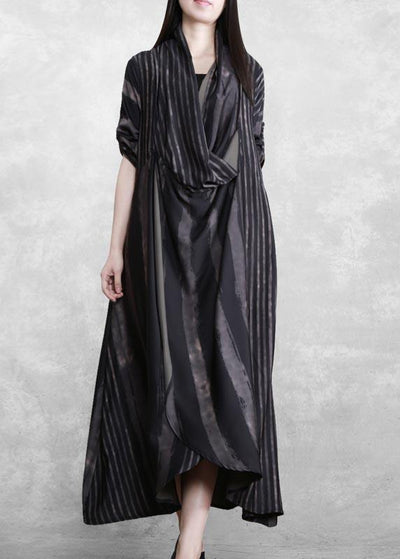 DIY V Neck Asymmetric Tunics Black Striped Robes Dress - SooLinen