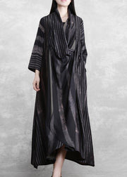 DIY V Neck Asymmetric Tunics Black Striped Robes Dress - SooLinen