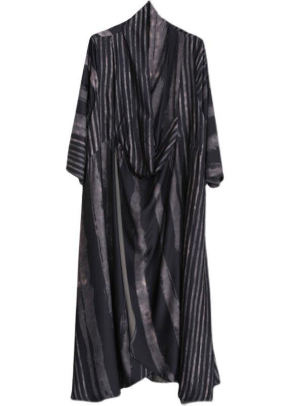 DIY V Neck Asymmetric Tunics Black Striped Robes Dress - SooLinen