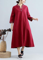 DIY V Neck Spring Outfit Work Burgundy Embroidery Robes Dress - SooLinen