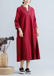 DIY V Neck Spring Outfit Work Burgundy Embroidery Robes Dress - SooLinen