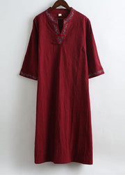 DIY V Neck Spring Outfit Work Burgundy Embroidery Robes Dress - SooLinen