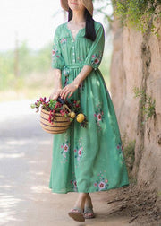 DIY V Neck Tie Waist Summer Quilting Dresses Wardrobes Green Print Long Dress - SooLinen