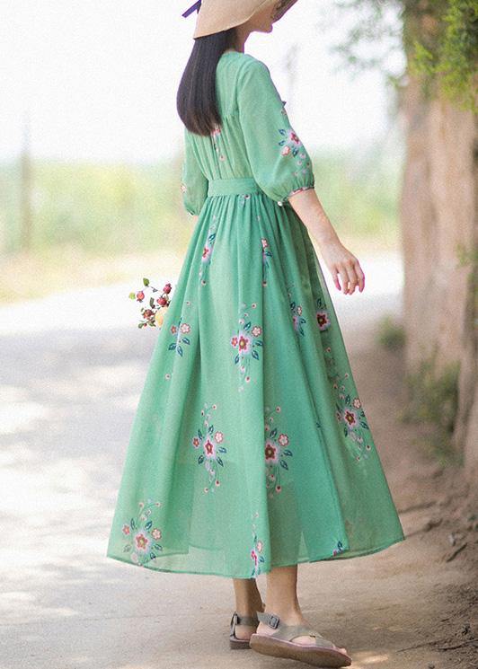 DIY V Neck Tie Waist Summer Quilting Dresses Wardrobes Green Print Long Dress - SooLinen