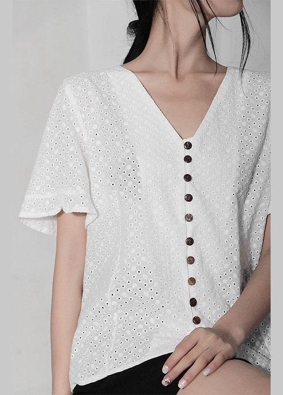 DIY White Hollow Out V Neck Button Cotton Shirt Top Summer - SooLinen