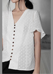 DIY White Hollow Out V Neck Button Cotton Shirt Top Summer - SooLinen