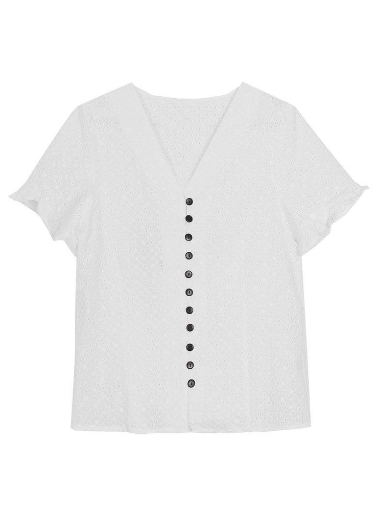 DIY White Hollow Out V Neck Button Cotton Shirt Top Summer - SooLinen